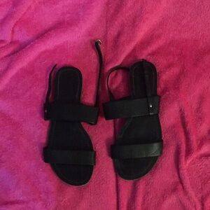 Kenneth Cole Black Strappy Flat Sandals with Ankle Buckle